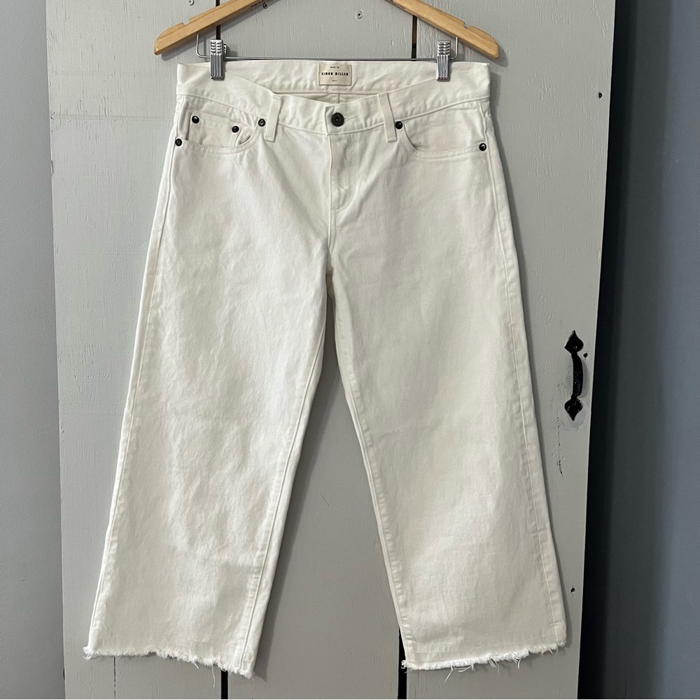 SIMON MILLER Lamere Crop Jeans Womens 28 White Straight Leg Raw Hem Rigid Denim